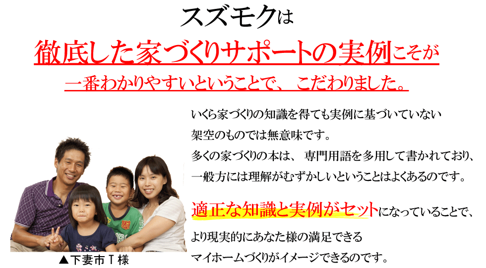 家づくりの適正な知識と実例がセットになっていることで、現実的に満足できるマイホームづくりができるのです。